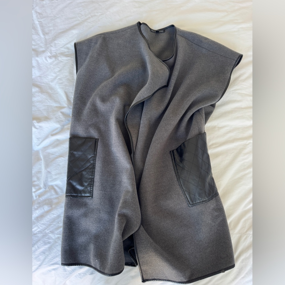 Saks wool gray and leather accent cape